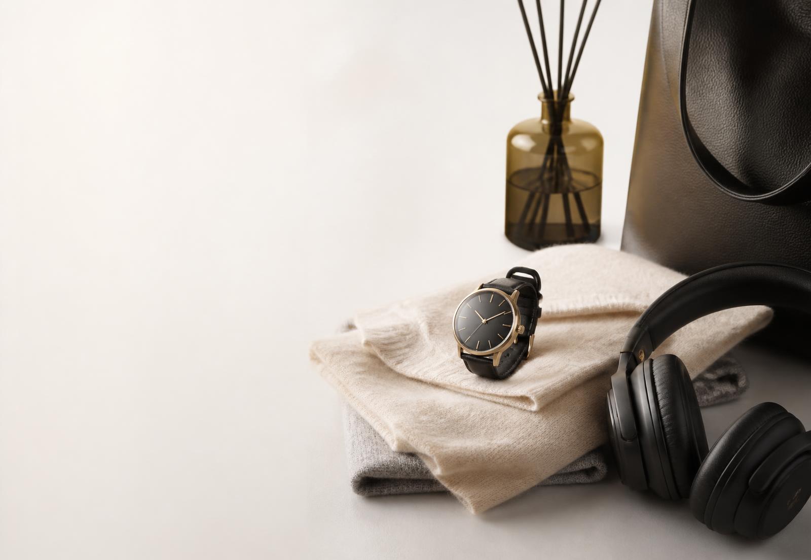 Premium lifestyle products including a watch, headphones, leather bag and diffuser arranged on a light backdrop