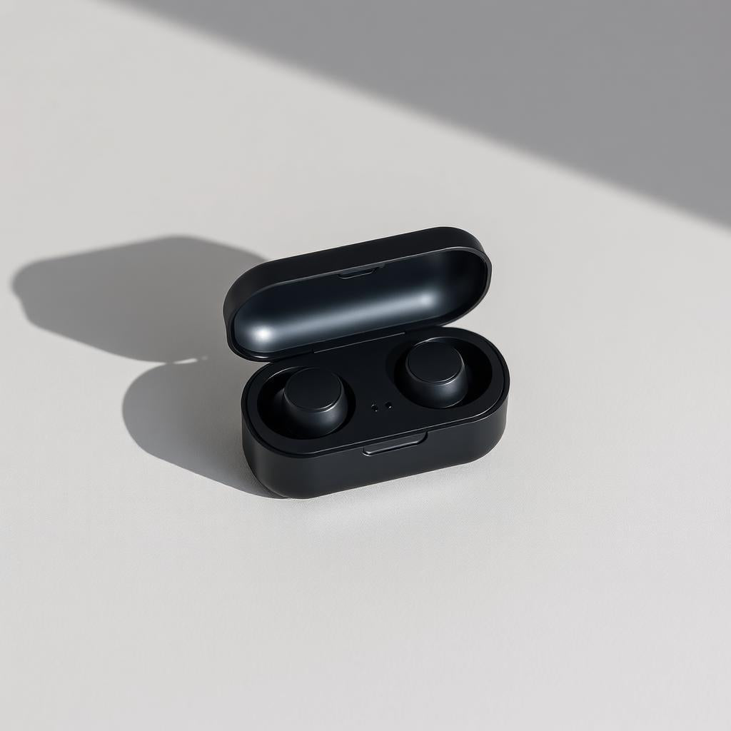 Black true wireless earbuds in charging case