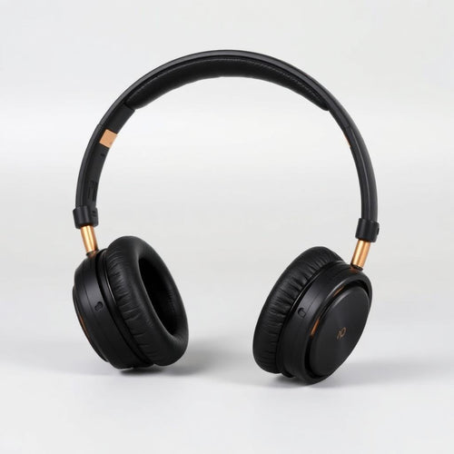 Matte black wireless over-ear headphones with gold accents