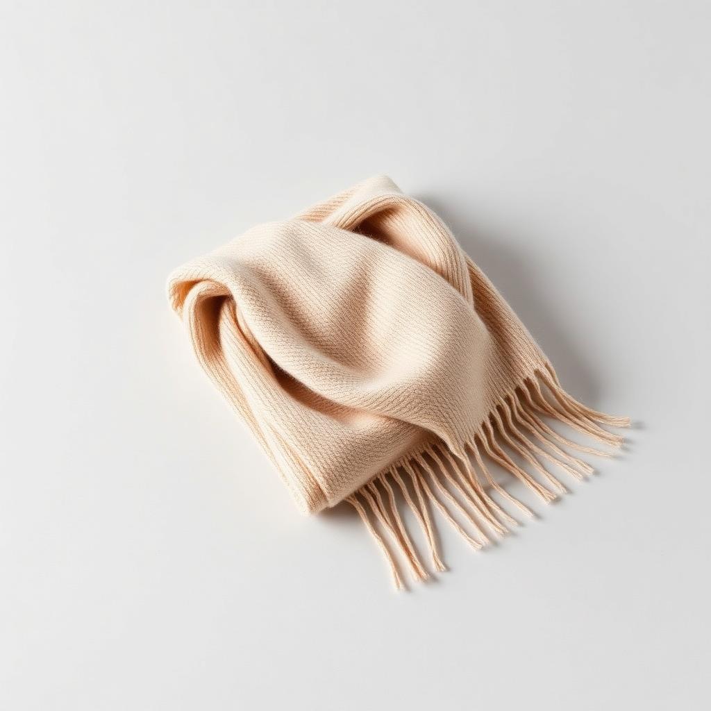 Folded beige cashmere blend scarf with fringe