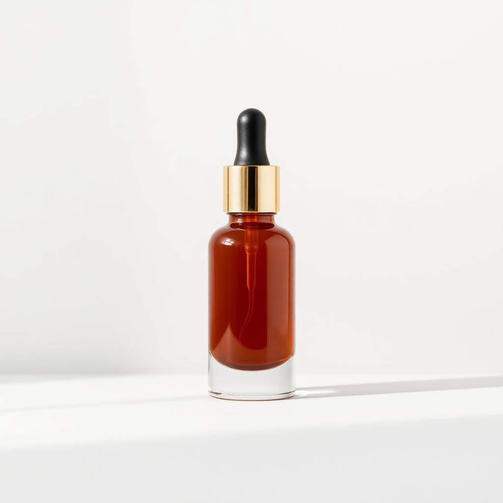 Amber glass serum bottle with gold dropper cap