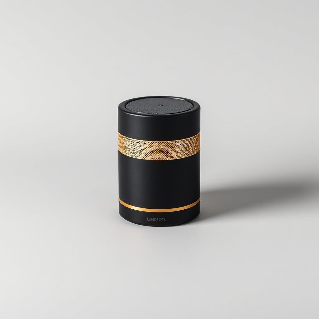 Matte black portable bluetooth speaker with gold grille